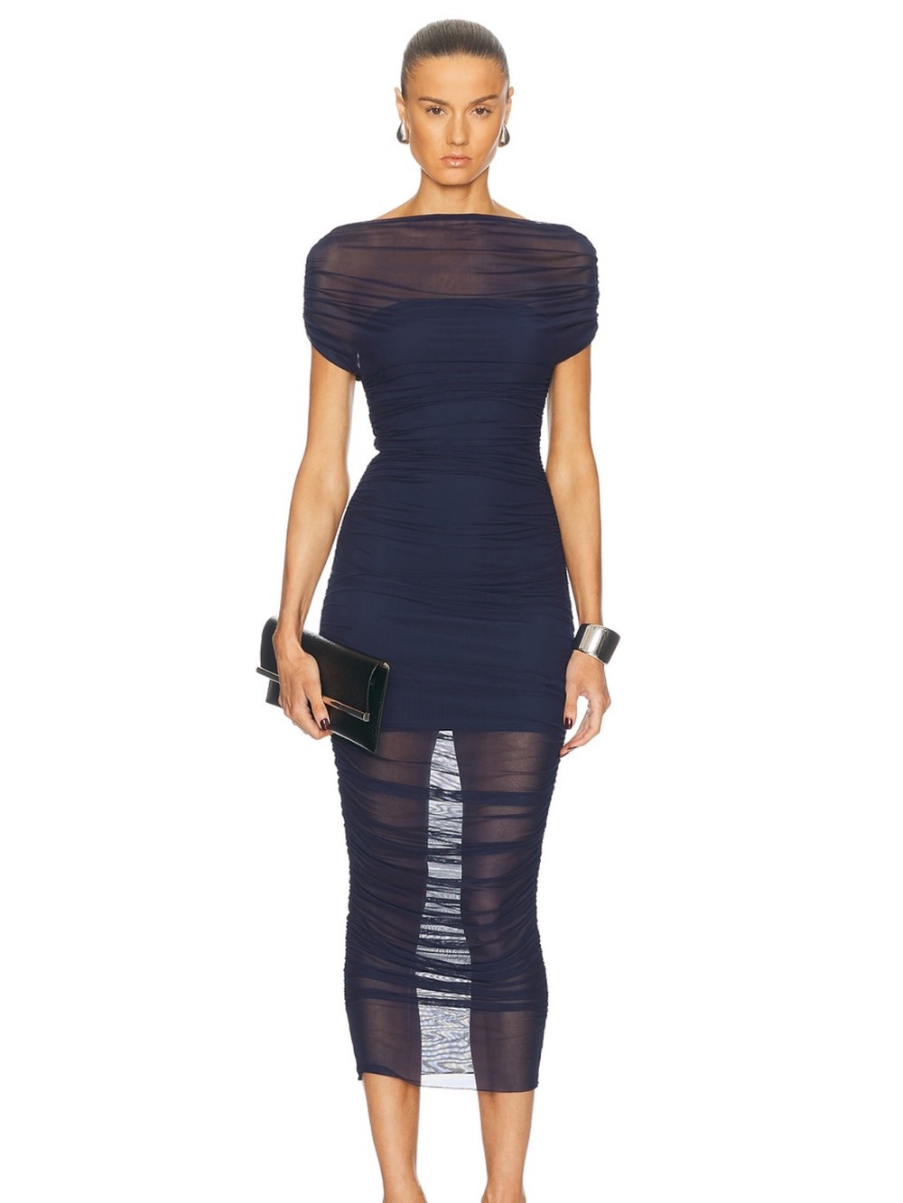 SEROYA Navy Sheer-Ruched Midi Dress